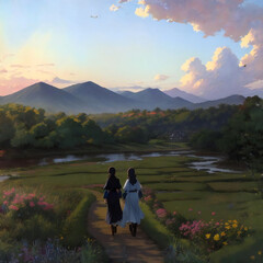 田舎道を歩く女性　Generative AI