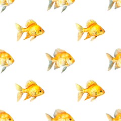 Naklejka premium Seamless pattern with many goldfish on white background in watercolor style. Generative AI.