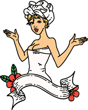 tattoo in traditional style of a pinup girl in towel with banner