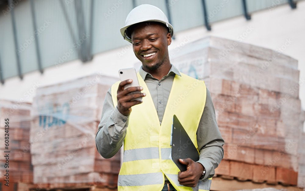 Poster architecture, phone and smile with black man on construction site for networking, communication and 