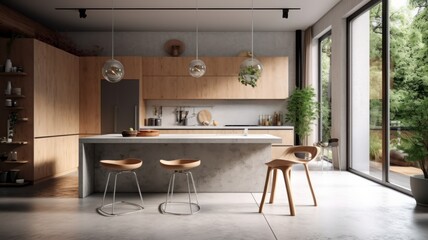 Fototapeta premium Modern spacious loft kitchen with dining area. Minimalistic interior, concrete walls and floors, wooden facades, kitchen island with breakfast bar, floor-to-ceiling panoramic windows. Generative AI