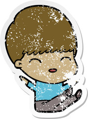 distressed sticker of a happy cartoon boy
