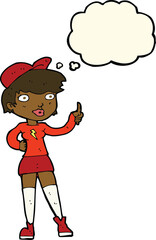 cartoon skater girl giving thumbs up symbol with thought bubble