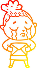 warm gradient line drawing of a cartoon crying woman with letter