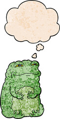 cartoon smug toad with thought bubble in grunge texture style