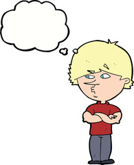 cartoon suspicious man with thought bubble