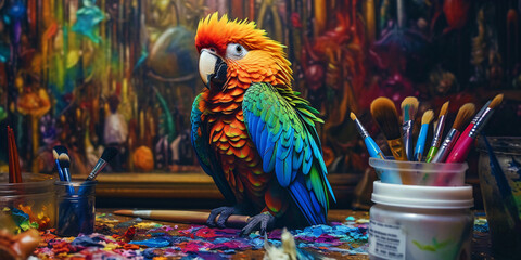 parrot in an artist studio, generative ai