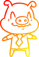 warm gradient line drawing of a nervous cartoon pig boss