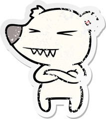 distressed sticker of a angry polar bear cartoon with folded arms