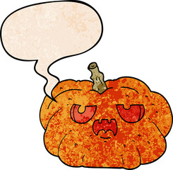 cartoon pumpkin with speech bubble in retro texture style