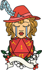 Retro Tattoo Style crying human bard with natural 1 D20 roll