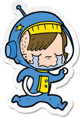 sticker of a cartoon crying astronaut girl running