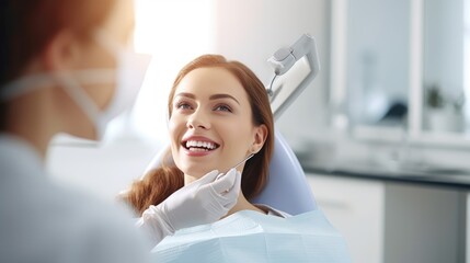 Skilled dentist examines a woman's teeth during a comprehensive mouth checkup. Generative AI - obrazy, fototapety, plakaty