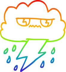 rainbow gradient line drawing of a cartoon thunder weather cloud