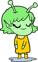 smiling alien girl cartoon in wet weather