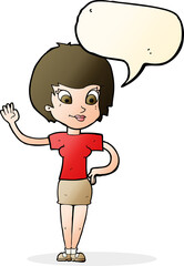 cartoon woman waving with speech bubble