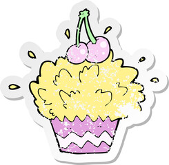 retro distressed sticker of a cartoon exploding cupcake