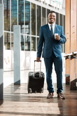 Travel, business and portrait of black man with suitcase for international conference, global trip...