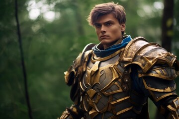 Obraz premium A strong medieval warrior in armor is outdoors. Beautiful illustration. Generative AI