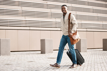Portrait, business and portrait of black man with suitcase for international conference, global...