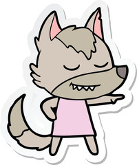 sticker of a friendly cartoon wolf girl pointing