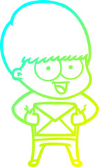 cold gradient line drawing of a happy cartoon boy with present