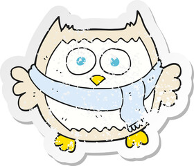 retro distressed sticker of a cartoon owl wearing scarf