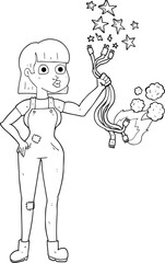 freehand drawn black and white cartoon female electrician