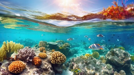 Dive into the crystal-clear depths of a pristine ocean, where an enchanting world of colorful marine creatures awaits. Generated by AI.