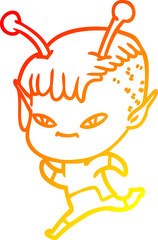 warm gradient line drawing of a cute cartoon alien girl
