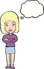 cartoon woman with crossed arms with thought bubble