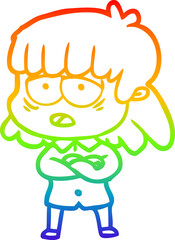 rainbow gradient line drawing of a cartoon tired woman