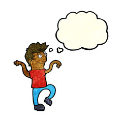 cartoon happy man doing funny dance with thought bubble