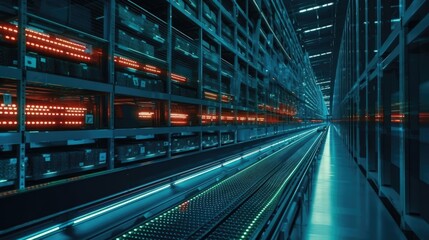 The automated package sorting system efficiently moves parcels along the conveyor, effortlessly sorting them based on size, destination, or other predetermined criteria. Generated by AI.