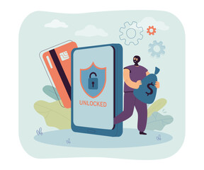 Cyber criminal stealing credit card information from smartphone. Thief with money bag, phone with unlocked symbol on screen vector illustration. Cybersecurity, safety, protection, technology concept