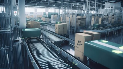 Naklejka na ściany i meble The automated package sorting system efficiently moves parcels along the conveyor, effortlessly sorting them based on size, destination, or other predetermined criteria. Generated by AI.