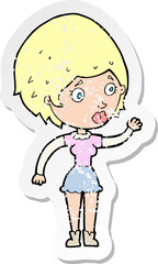 retro distressed sticker of a cartoon woman waving