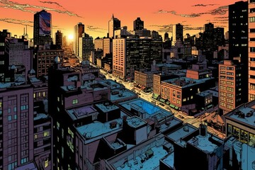 Obraz premium Modern city in the style of comics. Beautiful illustration picture. Generative AI