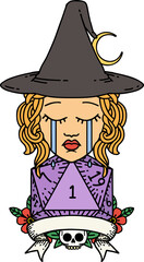 Retro Tattoo Style crying human witch with natural one roll