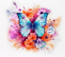 watercolor beautiful butterflies and colorful flowers