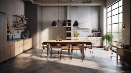Modern spacious loft kitchen with dining area. Minimalistic interior, concrete walls and floors, wooden facades, table and chairs, floor-to-ceiling panoramic windows. Generative AI