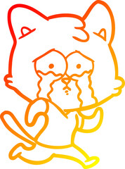warm gradient line drawing of a crying cartoon cat