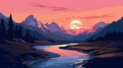 Sunset on mountain lake. Beautiful illustration picture. Generative AI