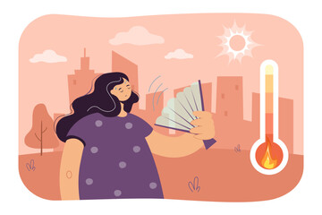Sweating woman with fan in hot weather vector illustration. Cartoon drawing of girl during heatwave or drought, high temperature, global warming. Climate change, heat, summer, ecology concept