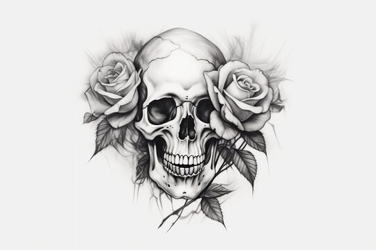 Skull with roses. Tattoo sketch. Beautiful illustration picture. Generative AI