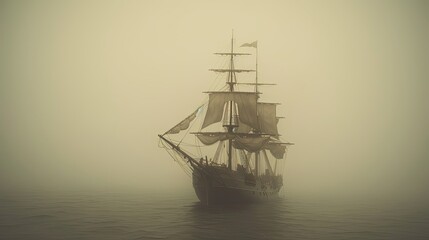 Obraz premium Through the dense fog, the eerie ghost ship emerges like a phantom from the depths of the sea. Its timeworn frame bears the scars of countless storms. Generated by AI.