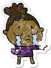 distressed sticker of a cartoon crying woman