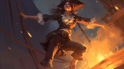 Obraz na płótnie Canvas Art of a woman with long legs, on the ship, pirate. Beautiful illustration picture. Generative AI