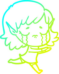 cold gradient line drawing of a cartoon crying elf girl