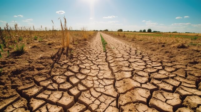 The once fertile farmland now lies parched and barren under the scorching sun. The soil, cracked and dry, bears witness to the relentless drought that has plagued the region. Generated by AI.